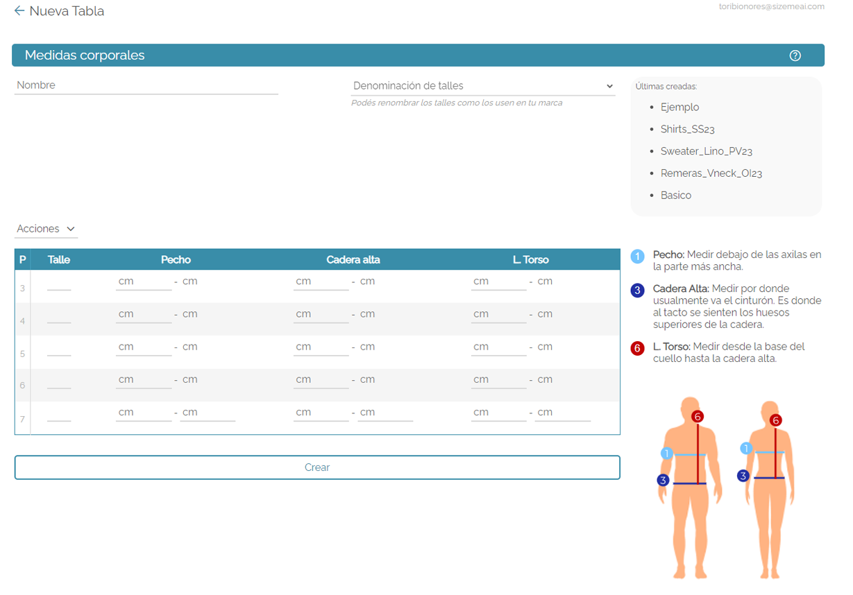 Create size table screenshot