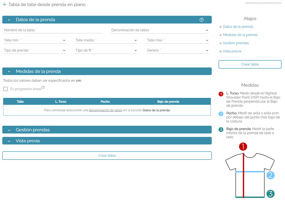 Create size table screenshot